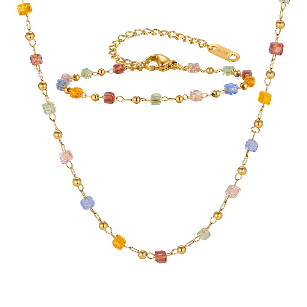 Colorful Rainbow Square Beaded Necklace for Women, Gold Plated Stainless Steel Boho Necklace Bracelet, Exquisite Charm Jewelry