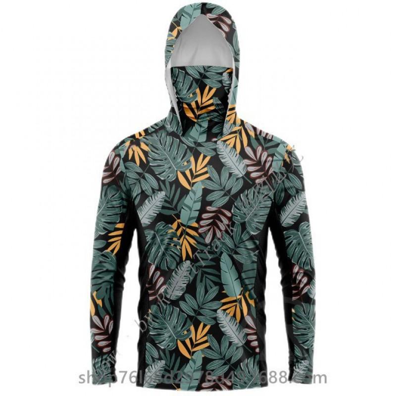 Mens Quick-Dry Ice Silk Long Sleeve Fishing Shirt With Hood Integrated Face Cover Camo Outdoor Performance Top