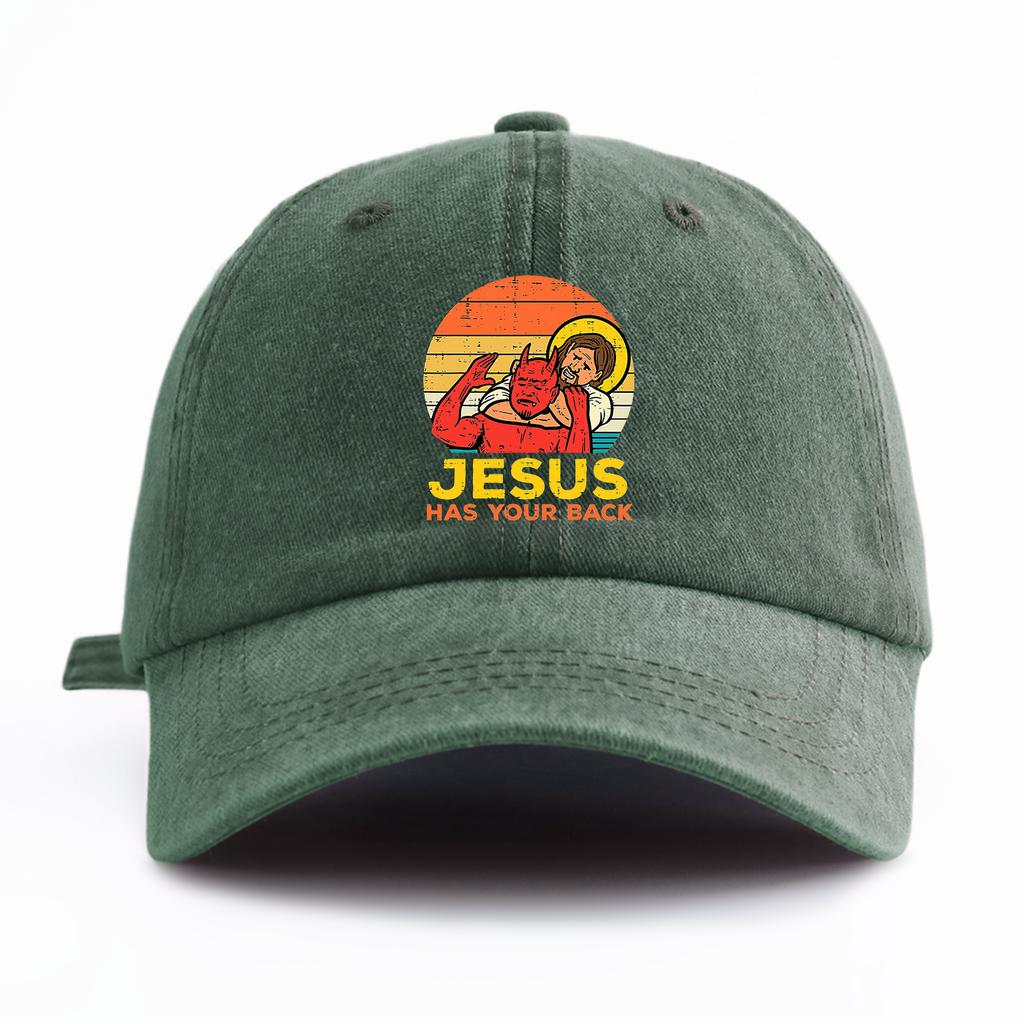 1 Stück JESUS HAT DICH IM RÜCKEN Aufdruck Gewaschene Baseballkappe für ErwachseneMinimalistischer Retro-Stil Lässig Weich Verstellbar Papa-HutPerfekt Als Geschenk
