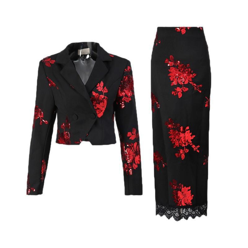 Completo Moda di Alta Gamma Giacca con Revers Ricamata + Gonna a Vita Alta con Inserti in Pizzo Set Due Pezzi