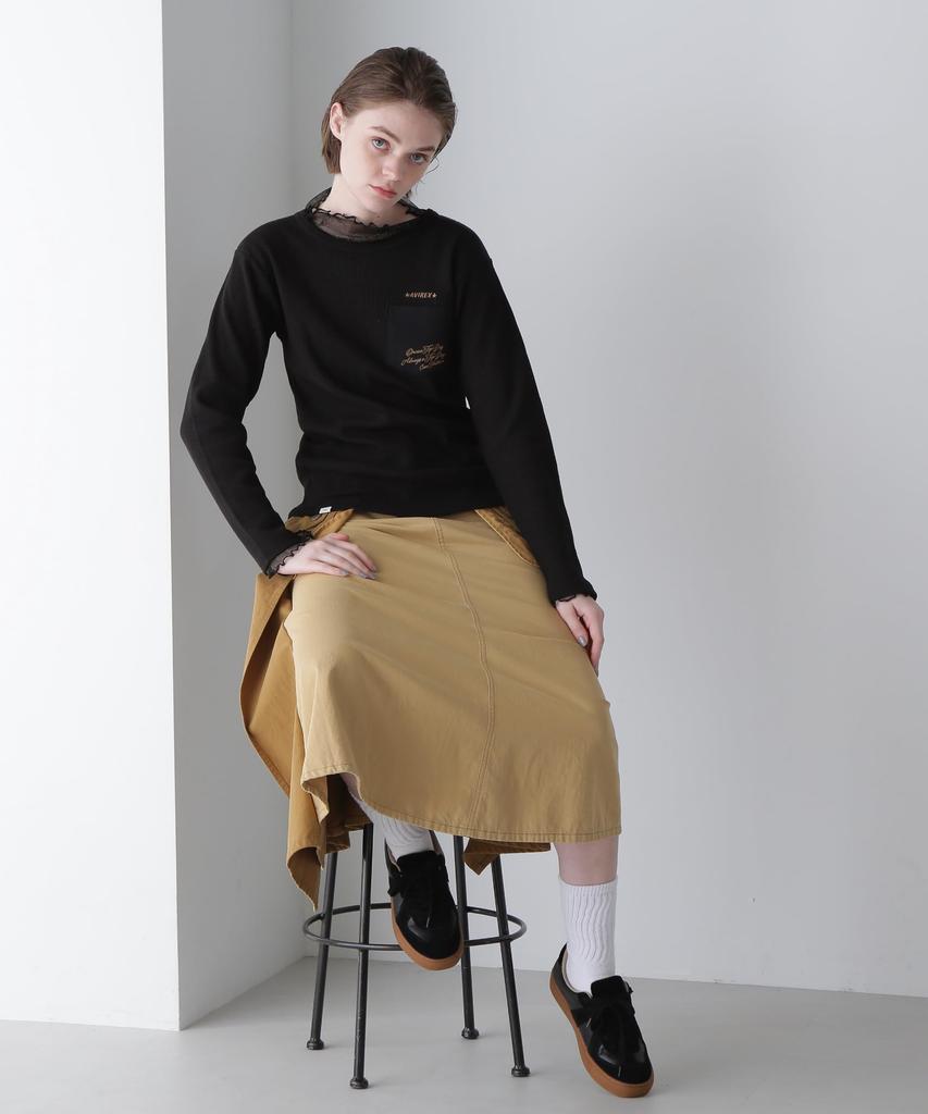 Avirex LS Color Stitch Embroidered Waffle T-Shirt, Women's, Size S, 010, Black, 783-4230604