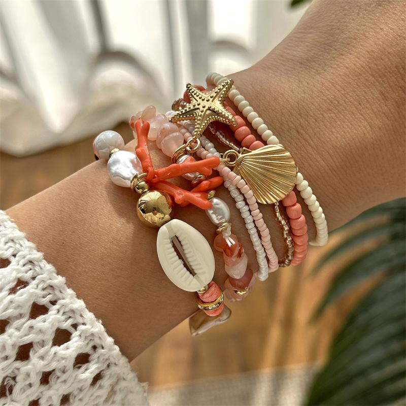 

Imitation Pearl Coral Starfish Shell Seed Bead Bracelet Stacking Jewelry Fashion Beach Style Vacation Gift Daily Accessory