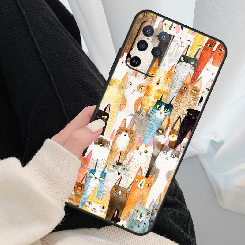 Cute Cartoon Cats Collage Case For Oppo A17 A57 A77 A40 A78 A54 A74 A94 A76 A16 A96 A18 A60 A80 A38 A58 A98 A15 A5 Pro
