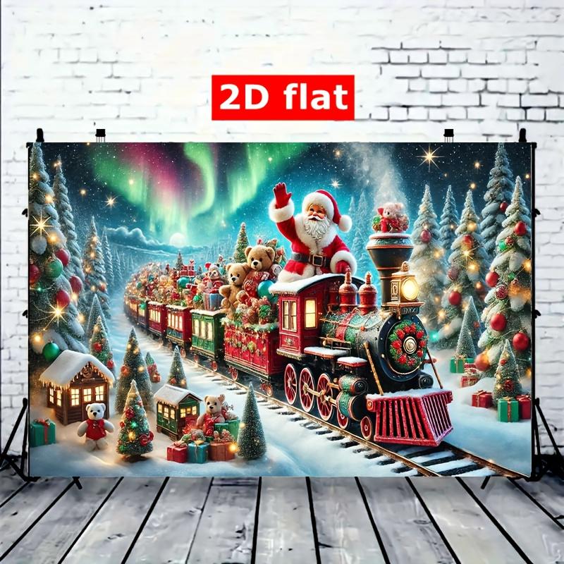 2D plane  1pc holiday Christmas train scene background - polyester party banner  Santa Claus  Christmas decoration