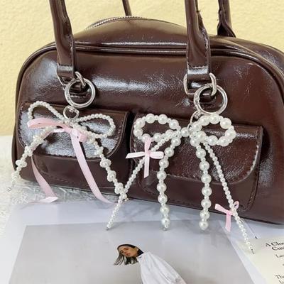 Y2K Pink Ribbon Pearl Bow Keychain Metal Tassels Sweet Bag Pendant Key Holder Phone Accessories