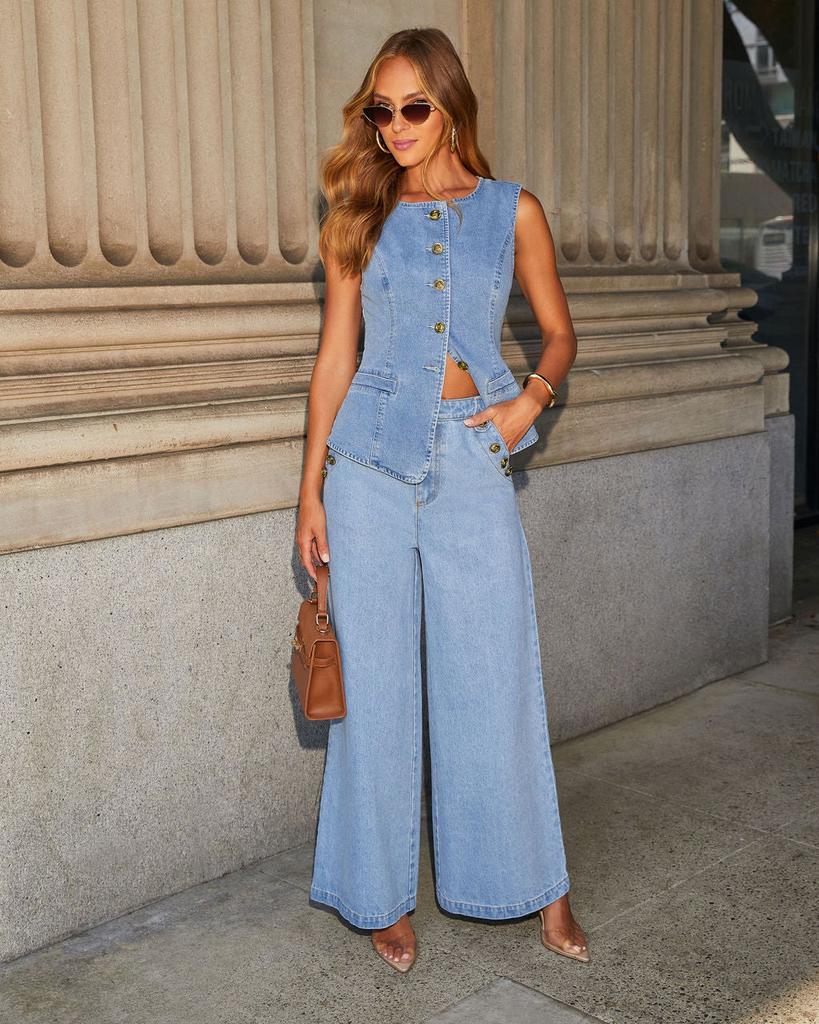 Spring Slim Denim Waistcoat Jeans Set Women Elegant Single Breasted O Neck Vest Wide Leg Pants Sets
