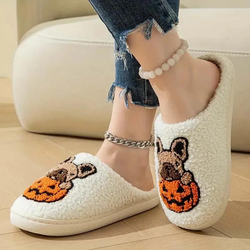 Fashion Cartoon Pumpkin Dog Women's Home Slippers Comfort Soft Sole Non Slip Indoor Shoes Woman Halloween Winter Warm Cotton Slippers