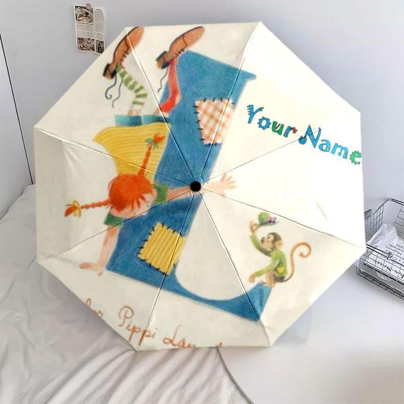 1 PC Automatic Folding Umbrella - Pippi Longstocking Custom Name Pattern, Portable & Foldable Design with 8 Ribs, Christmas Birthday Gifts