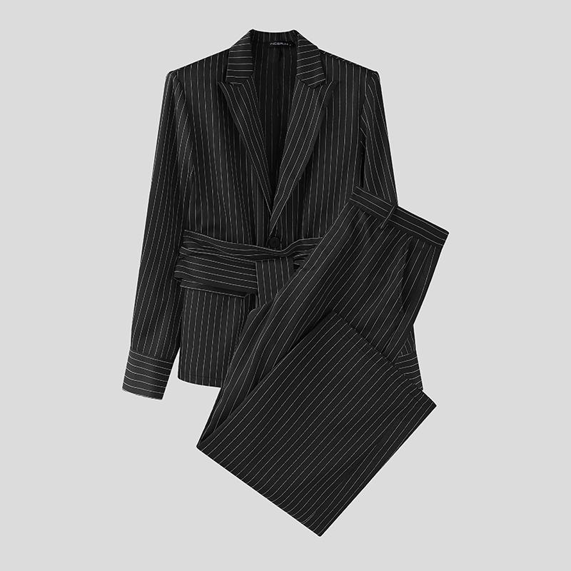 INCERUN Men Sets Lapel Neck Striped Belt Blazer Tops Trousers Long Pants Casual Suits