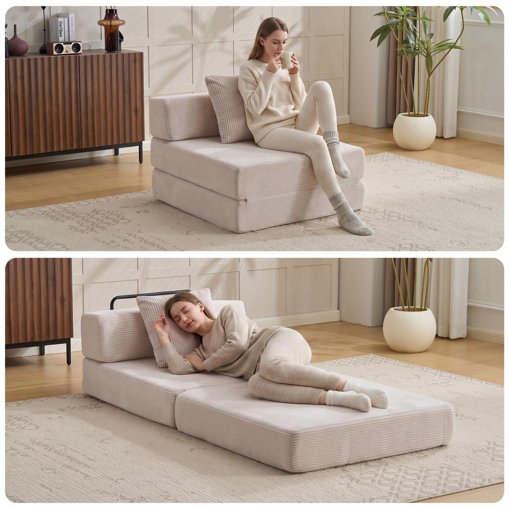 Floor Couch,Compression Sofa,Convertible Sofa Bed-with Pillow Back Support Armrest,Corduroy Fabric,for Living Room Bedroom,White
