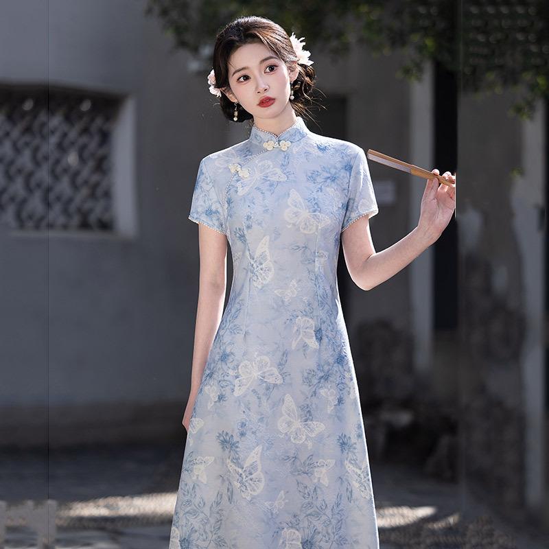 Blue National Style New Chinese Aodai Improved Cheongsam 1011 New Young Women's High-end Dress Spring and Summer