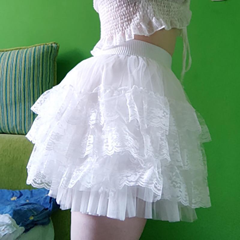 WTEMPO Sommer Frauen Elastische Hohe Taille Schwarz Rock Tanzen Big Swing Tutu Röcke Multi-Layer Spitze Mesh Kurze Kuchen Röcke