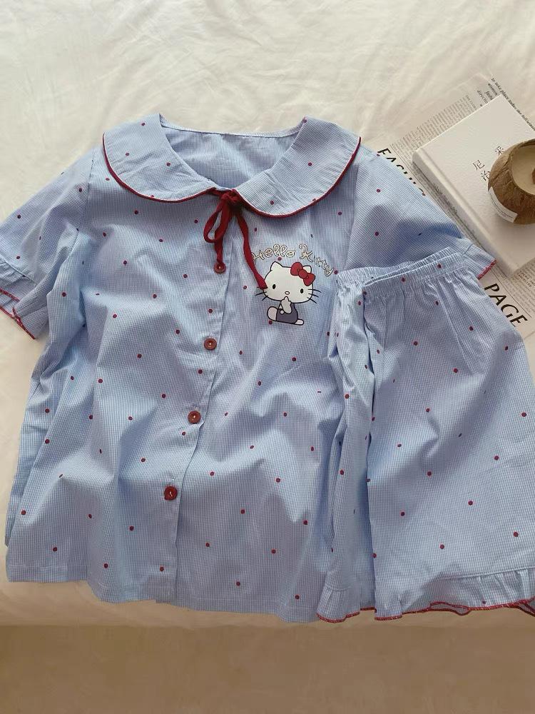 Bow Doll Collar Blue Polka Dot Pajamas Women s Summer Short Sleeve Shorts Girls Two-piece Women s Loungewear S