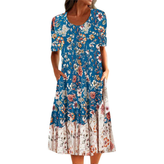 Rochie de femei cu imprimeu floral Gâtul O Mâneci scurte Buzunare în formă de A Tivul liber Lungime la jumătatea gambei Moale
