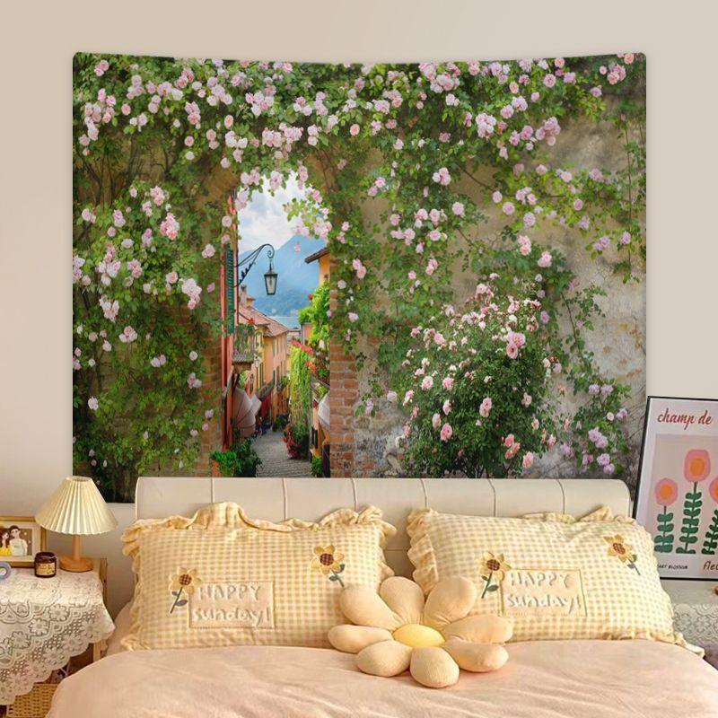 Pastoral Rose Flower Tapestry Spring Tapestry Background Cloth HD Hanging Cloth Tapestry Home Decor Home Decor with Install Fittings