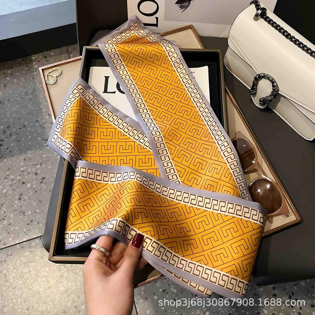Long Silk Scarf Women's New Small Silk Scarf Printing Simulation Silk Tied Bag Streamer Explosion Sweet Little Scarf