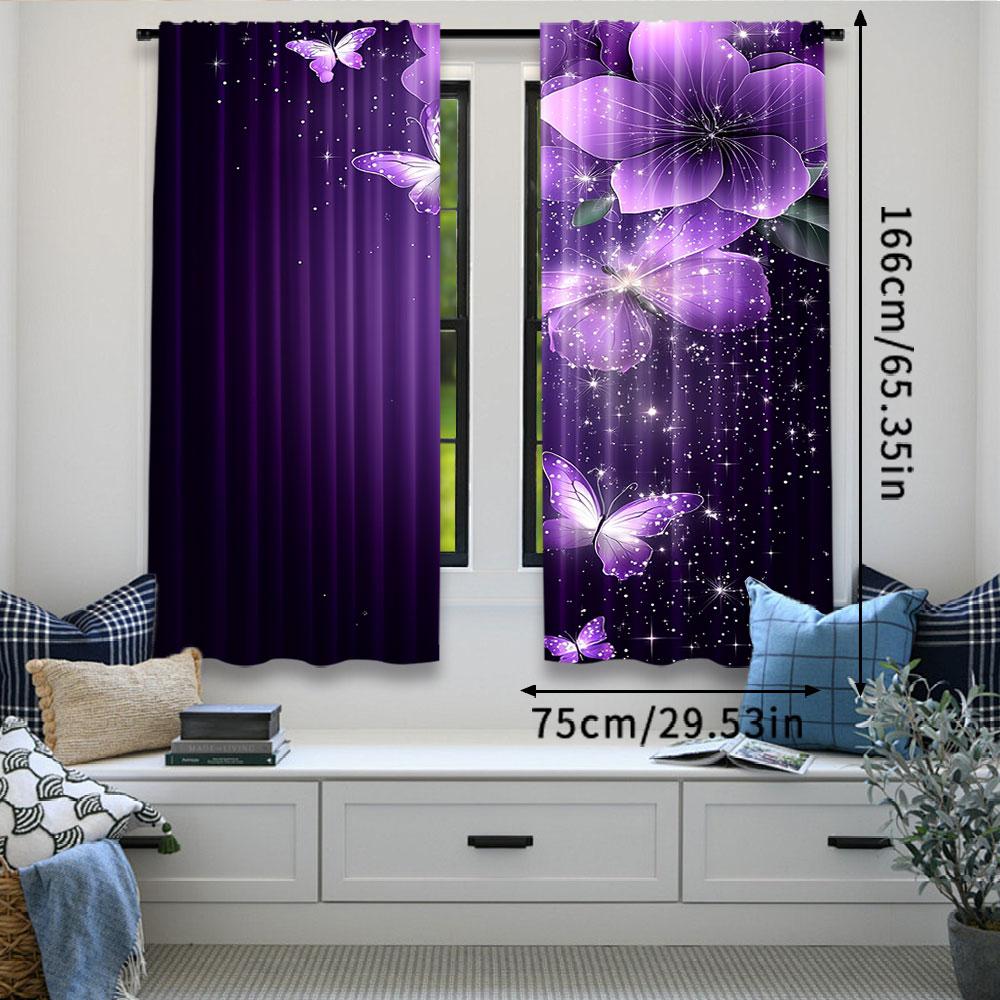 2Pcs Purple Vibrant Dancing Butterflies And Flowers Printed Curtain Suitable For Bedroom Bathroom Living Room Dining Room Study