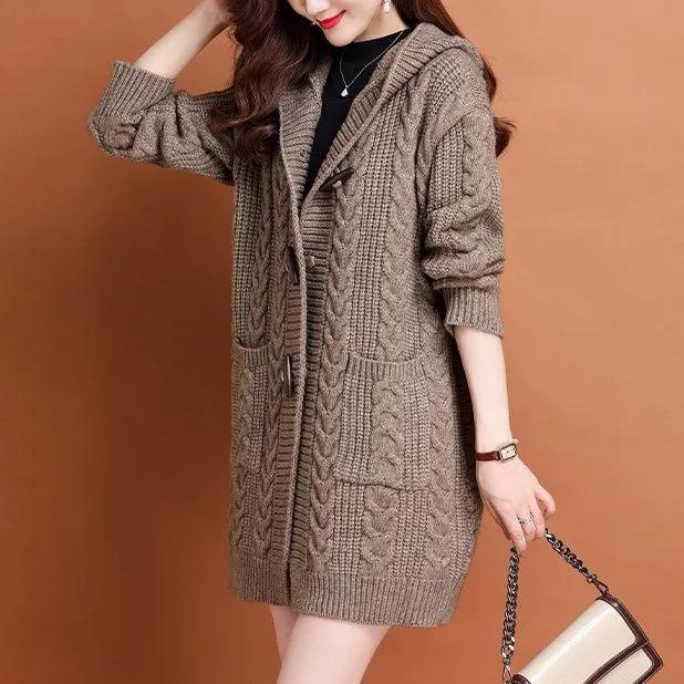 Women Spring Autumn Hooded Cardigan Sweater Jacket Ladies Mid Length Sweater Casual Knitted Overcoat
