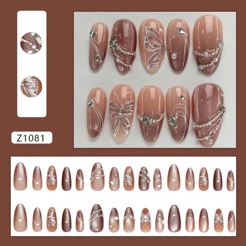 30pcs French False Nails Cat Eye Gradient Butterfly Line Press On Nails Manicure Nail Tips Women