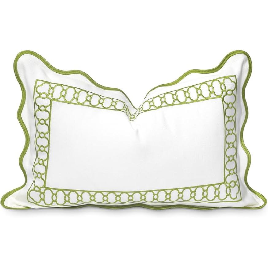 Hofdeco Premium Coastal Patio Indoor Outdoor Scalloped Lumbar Pillow Cover Only, 12"x20" Water Repellent for Backyard, Couch, Green Embroidered