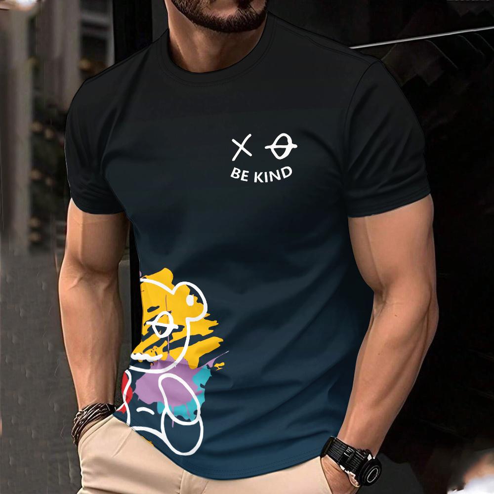 Summer Round Neck 3D Bears Pattern Gradient Print Top Fashionable Casual Short Sleeved Men's T-shirts