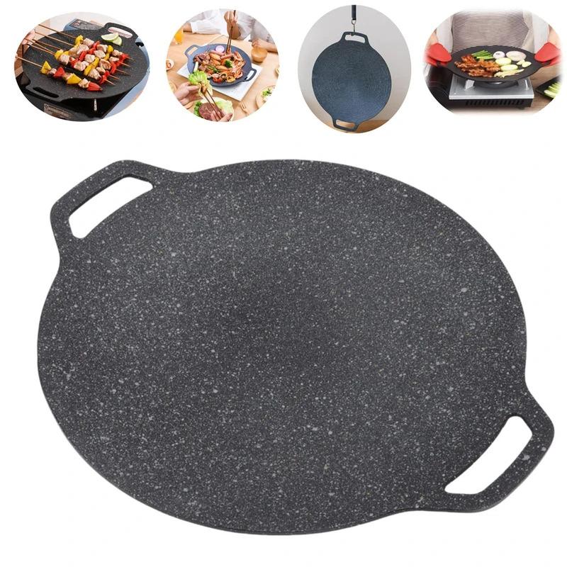 1pc Korean BBQ Grill Pan Medical Stone Coating Non-stick Marble Camping Round Griddle with Handle for Baking,Grill,BBQ