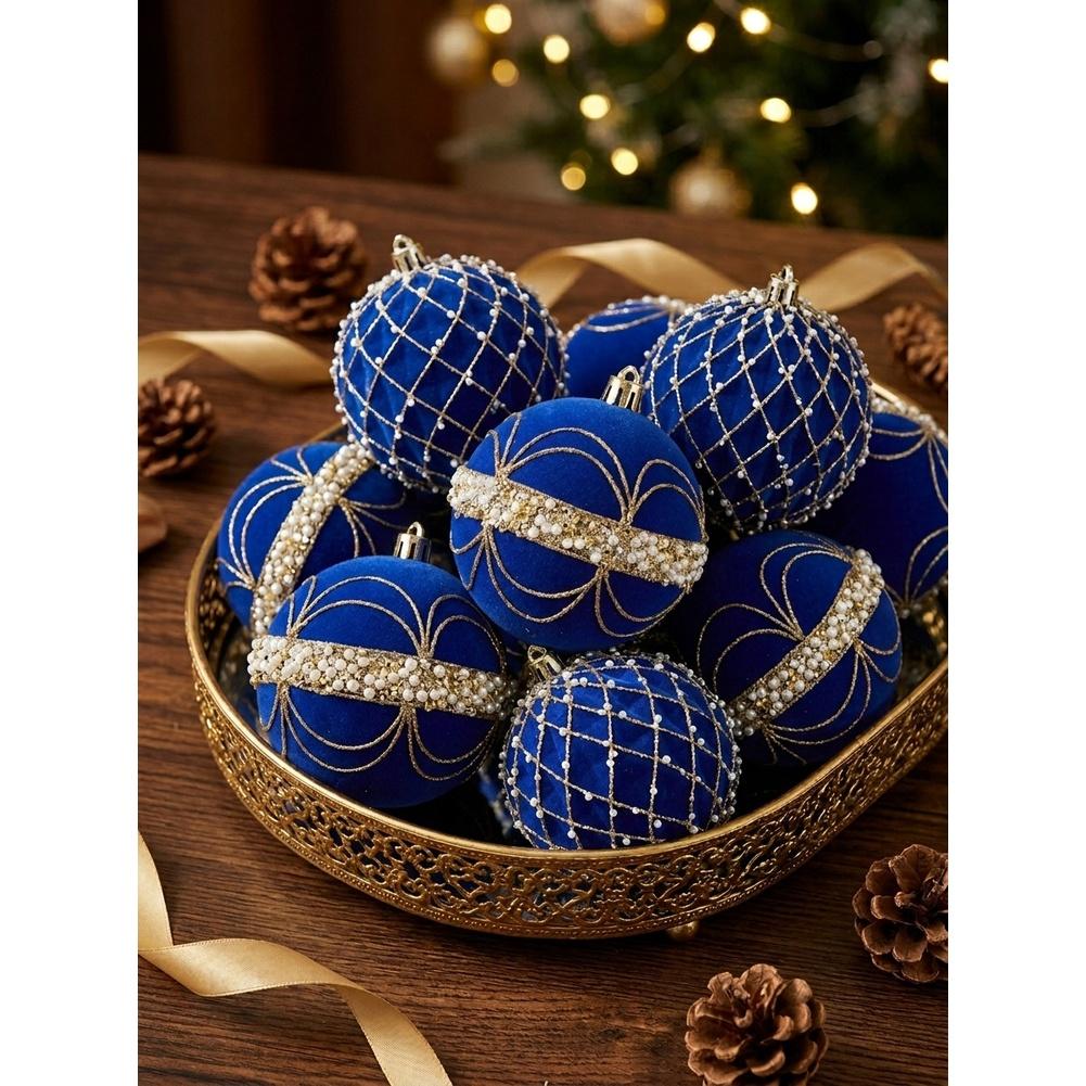 Luxury Navy Flocked Christmas Ornaments With Gold Beads, Hanging Decor For Xmas Tree, Window, Mantel, Tabletop And Holiday Party