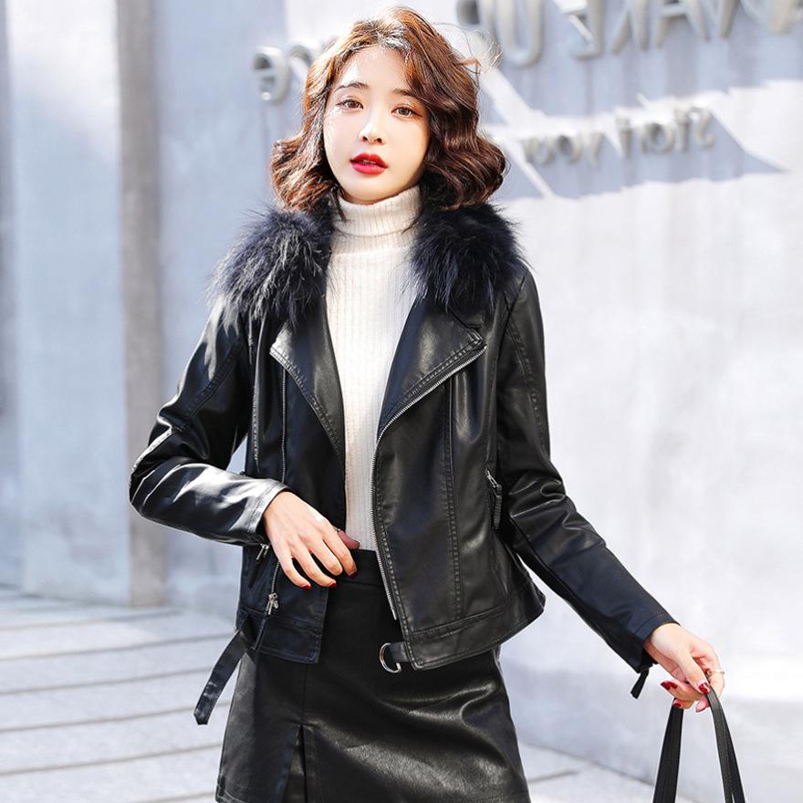 Leather jacket women's short coat spring and autumn new velvet thickened slim fit small leather jacket top