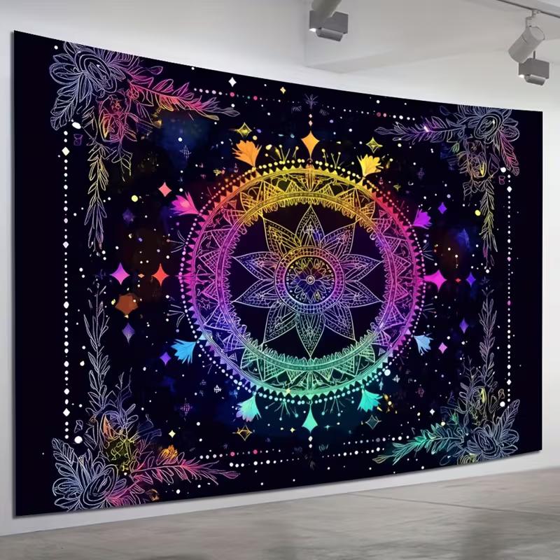 2D UV Glow Mandala Tapestry, Rainbow Boho Floral Wall Hanging for Party