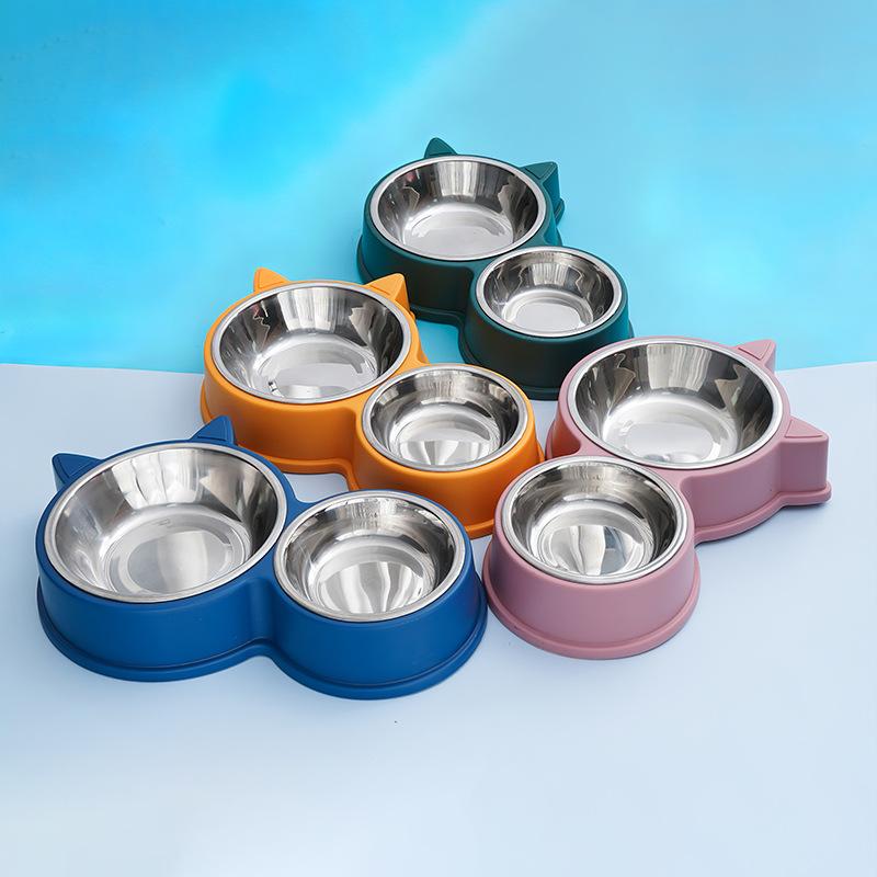 Cat-shaped Double-bowl Stainless Steel Tableware, Cat Basin Integrated Pet Bowl, Non-wet Mouth Feeding and Drinking for Dogs