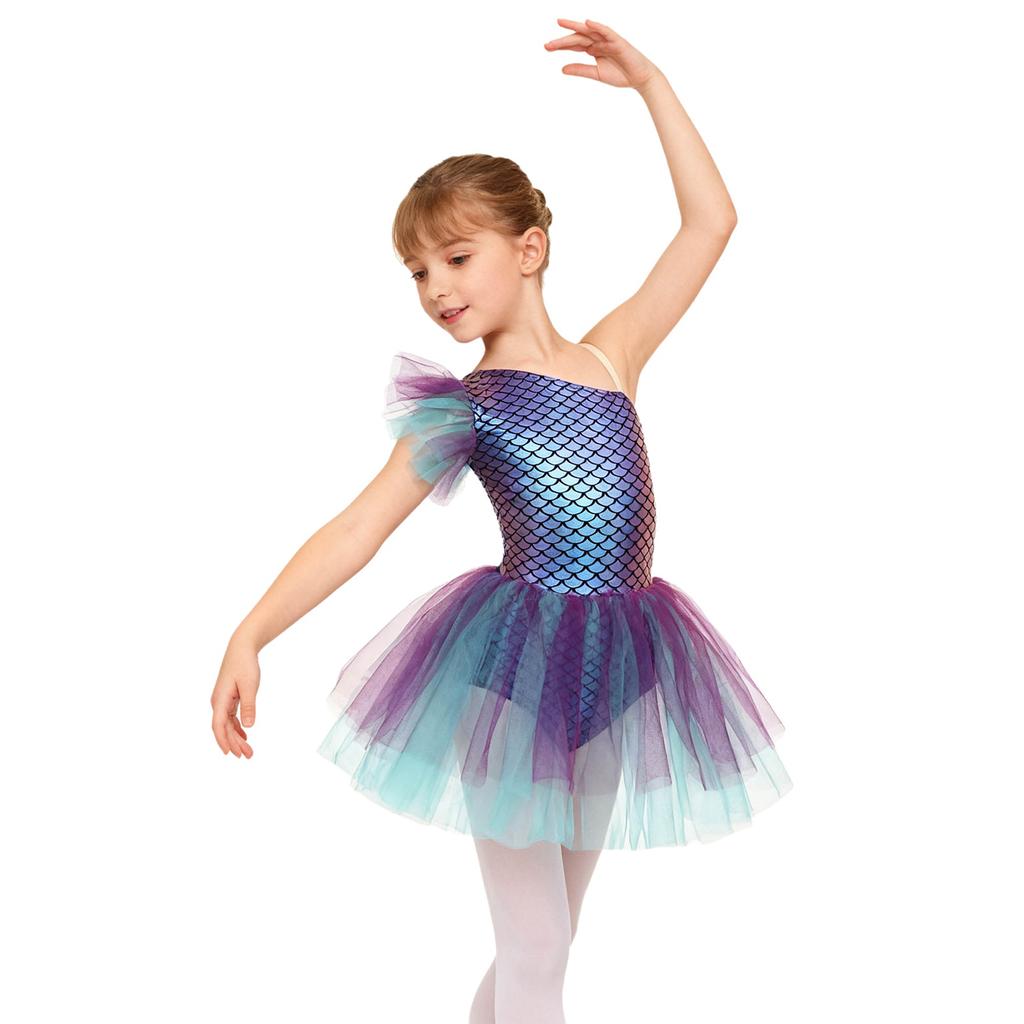 Girls Ballerina Tutu Dress One Shoulder Sleeveless Mermaid Fish Scales Print Camisole Leotard Halloween Dance Costume