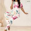 Women Plus Size Two Piece Set Round Neck Short Sleeve Floral Printed Longline Top Fitted Pants