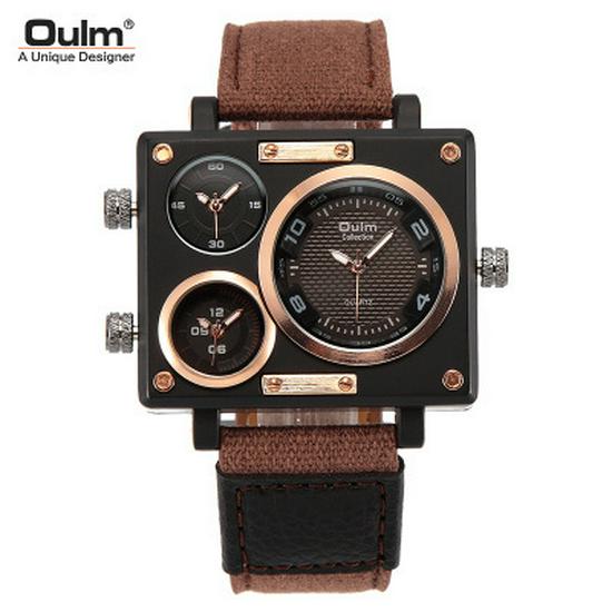 Oulm Men's Large Dial Multi-Time Zone Square Quartz Military Watch