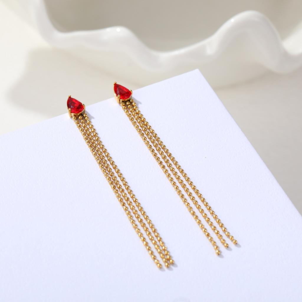 GEMCHIC Elegante Rote Tropfen Zirkon Lange Quastenohrringe für Damen, Edelstahl Gold Platin Beschichtet, Geometrischer Tropfen Hängeschmuck für Party Hochzeit