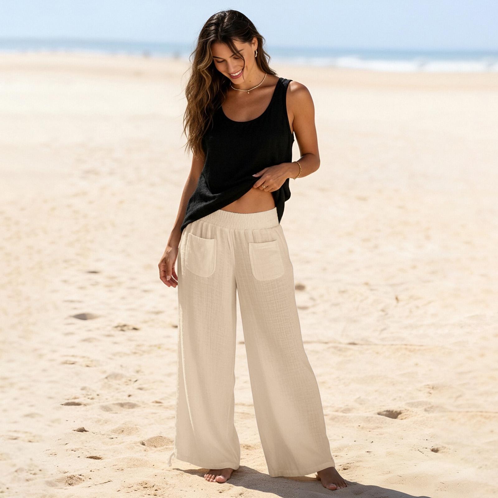 Women s Cotton And Linen Fashion Casual Pocket Drawstring Trousers M хаки