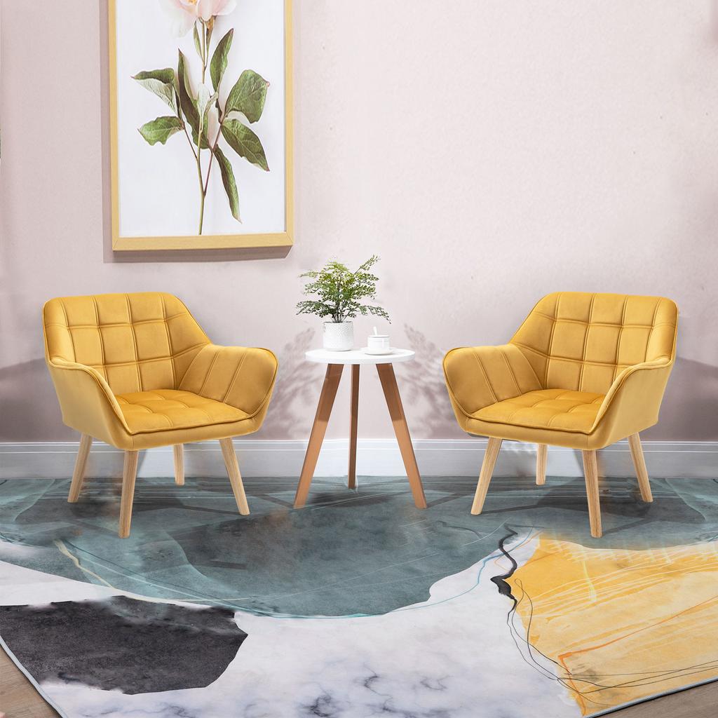 Armchair Accent Chair, Vanity Chair with Wide Arms, Slanted Back, Padding, Metal Frame, Wooden Legs, Home Bedroom Furniture Seating, Yellow