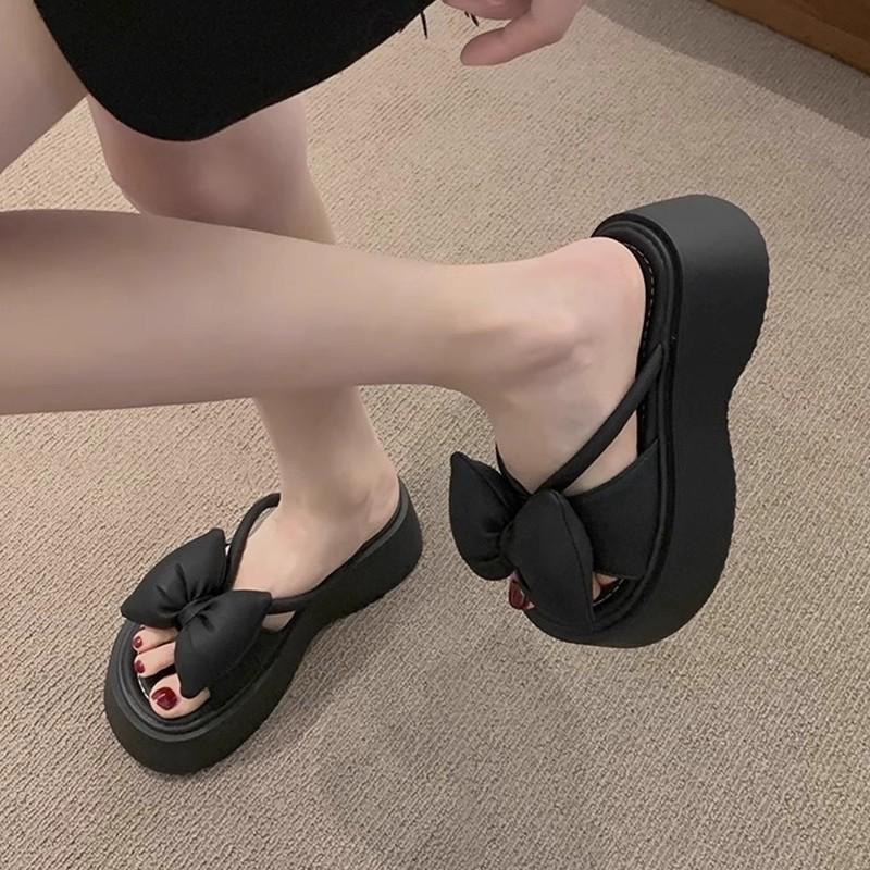 

Bow thick-soled heightening cool slippers women s summer wear new fashionable and beautiful sandals 35 чорний