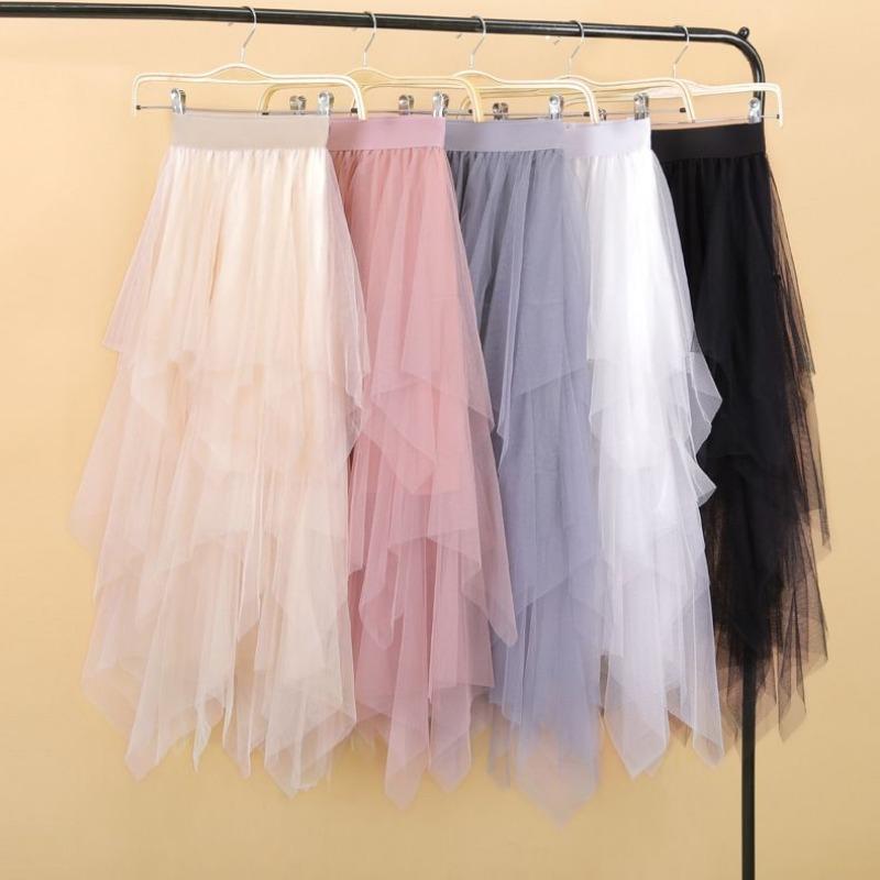 Irregular Mesh Skirt for Female Students Korean Style Pleated Skirt Mid-length Gauze Skirt