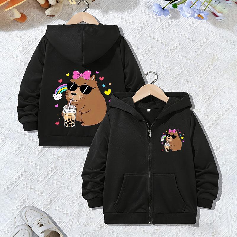 Fashion Capybara Printed Zip Up Hoodie Jacket for Boys Girls Zipper Spring and Autumn Trendy Animal Cartoon Sweatshirts