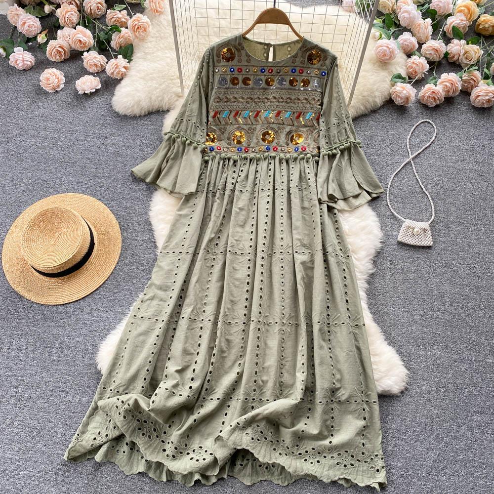 RUGOD French Retro Ethnic Embroidered Round Neck Flared Sleeve Dress Women's Loose Temperament All-match A-line Long Dress