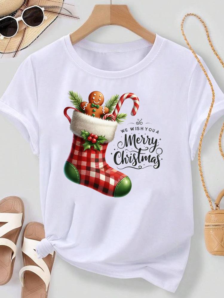 (Asian Size) Merry Christmas New Year Women's Top T Tee Festival O-neck Plaid Tree Style Clothing Print Fashion Ladies Graphic T-shirts