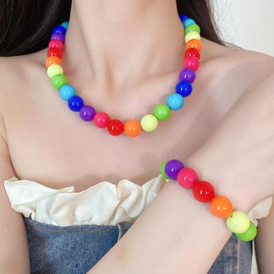 Rainbow Pearl Acrylic Beaded Necklace: Sweet Ripple Collarbone Chain, Summer Seaside Fashion Photo Prop
