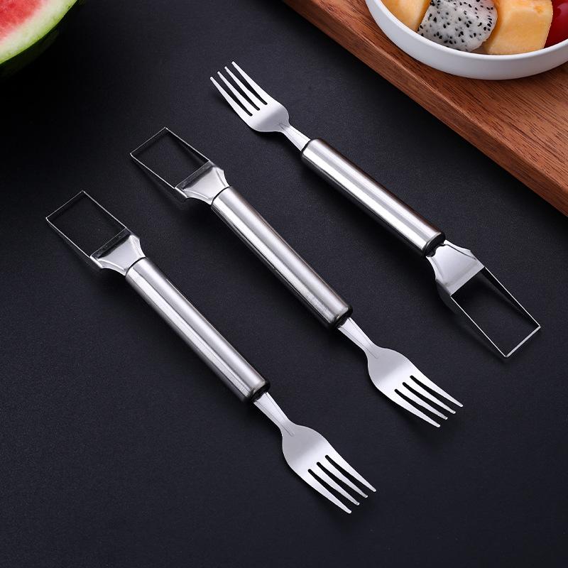 Stainless Steel Watermelon Slicer & Dicer with Fork & Spoon - Home Use Melon Cutting Tool & Meat Scooper