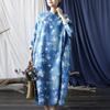 Johnature Women Vintage Dress Stand Bat Sleeve Print Floral Blue Autumn Chinese Stye Loose Dresses