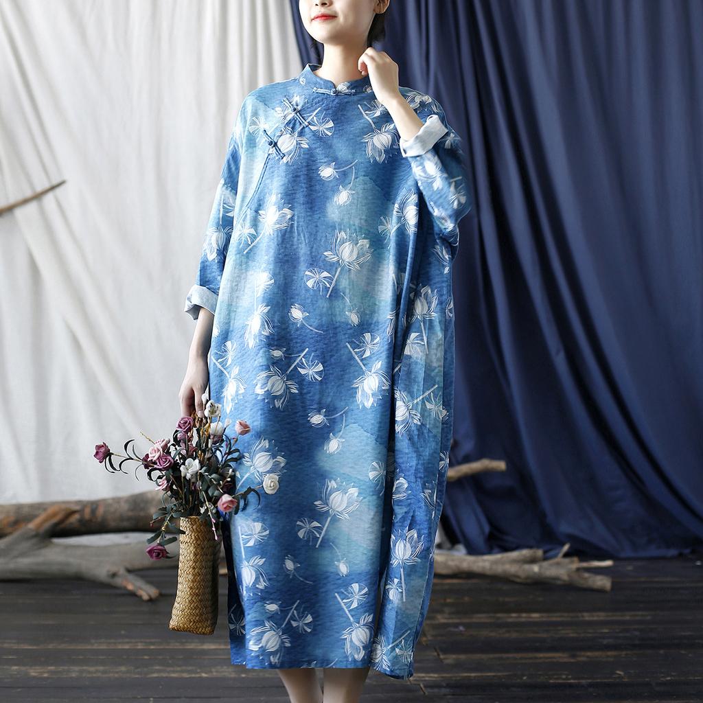 Johnature Women Vintage Dress Stand Bat Sleeve Print Floral Blue Autumn Chinese Stye Loose Dresses
