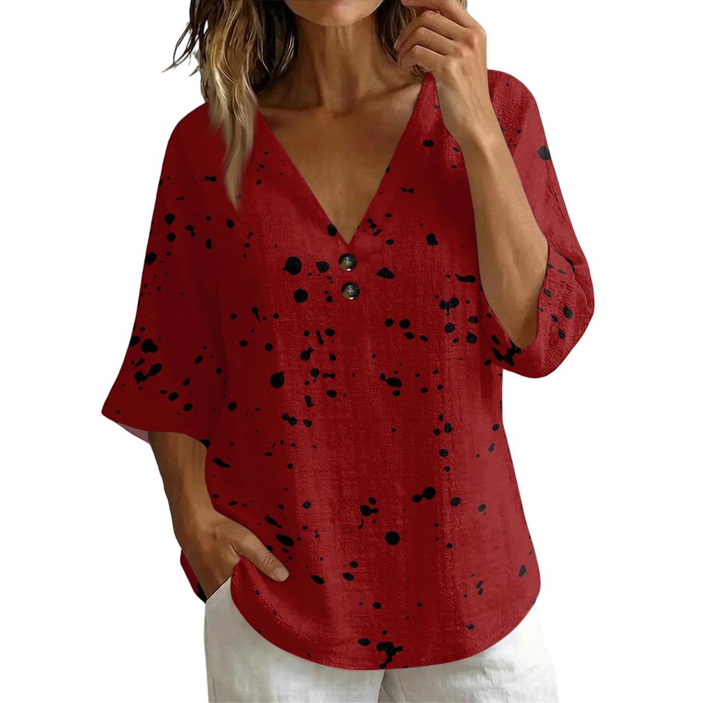 Women's Vintage Floral Print V-Neck T-Shirt - Loose Fit Short Sleeve Blouse, Faux Cotton-Linen Fabric