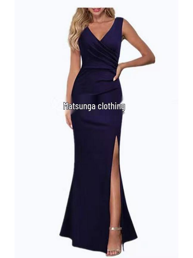 

Женское вечернее коктейльное платье без рукавов с V-образным вырезом и разрезом 2024 года M темно-синий