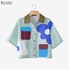 Women Casual Turn Down Collar Loose Color Block Short Sleeve Blouse
