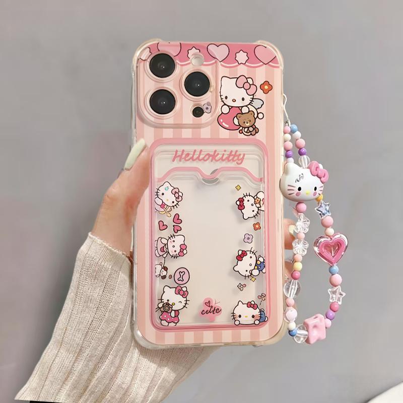 3D Bow Hello Kitty Bracelet Case For Iphone 13 12 11 Pro Max XR X XS Max 6 6S 7 8 Plus 13 Mini 17 Pro Max 5G Card Holder Cover