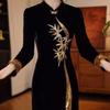 Elegant Winter 2026 Chinese Velvet Qipao Dress - Slimming Mid-Length Skirt